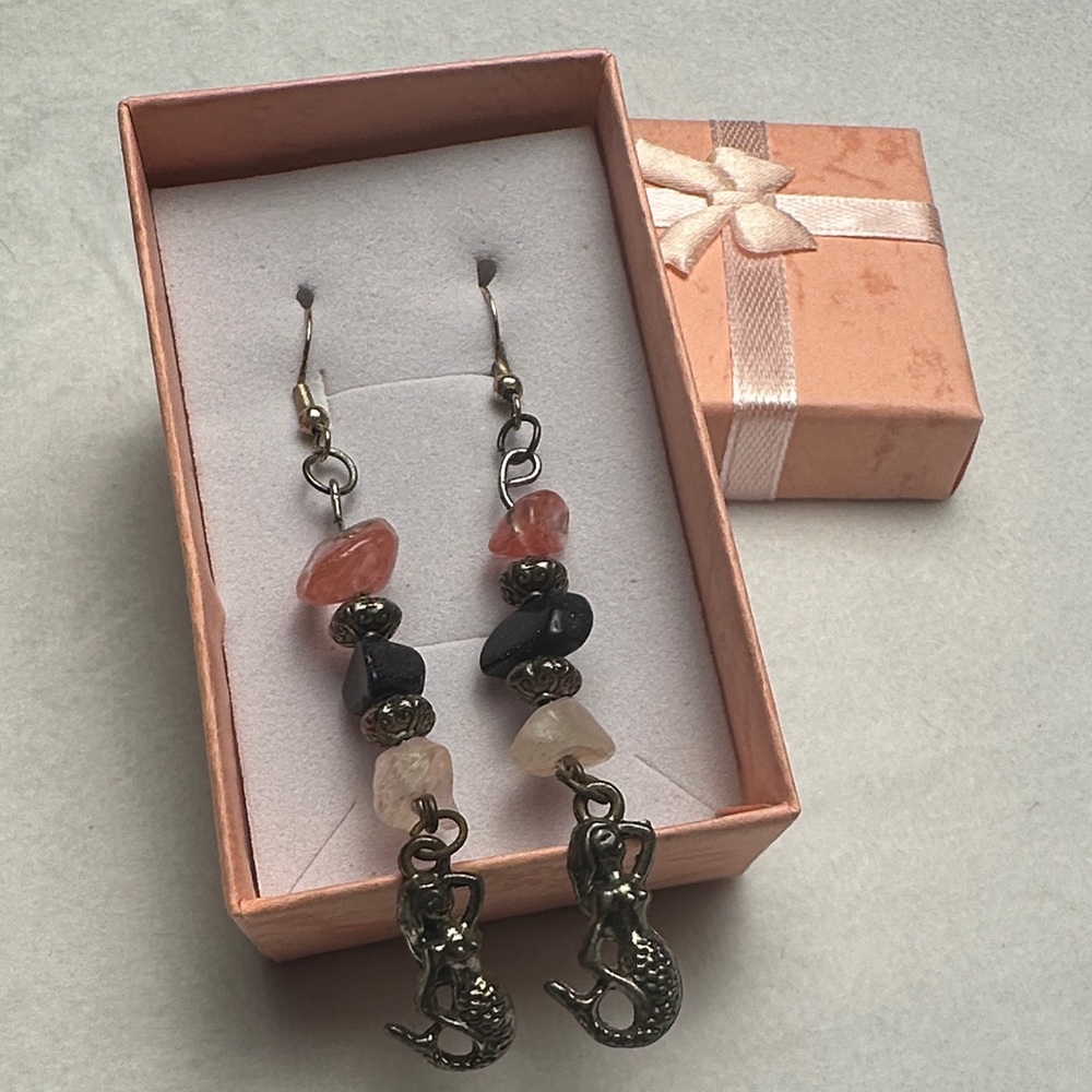 Handmade by Me - Adorable Pink/Black/Silver Stone Mermaid Earrings